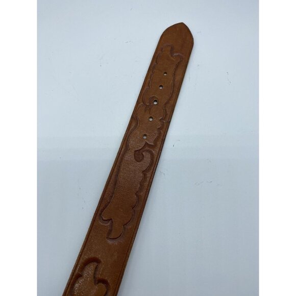 Brown Women's Embossed Belt Genuine Leather Size 26 Brass Buckle - Picture 4 of 16